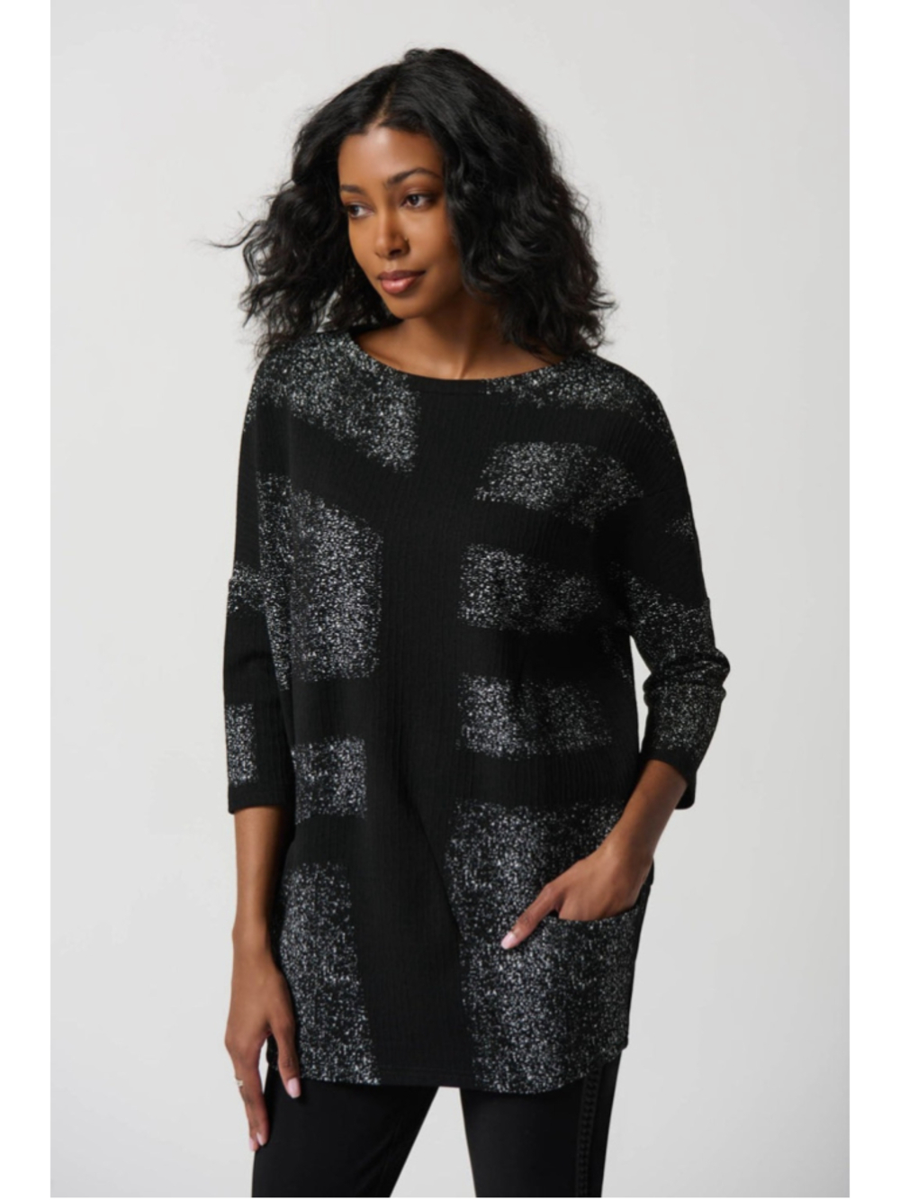 Joseph Ribkoff Cocoon Tunic Sweater Top Women Sz 6 Black Geometric Pocket Casual